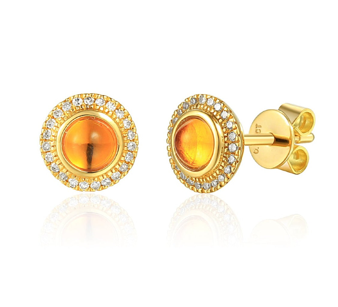 Round Cabochon Gemstone and Diamond Earring