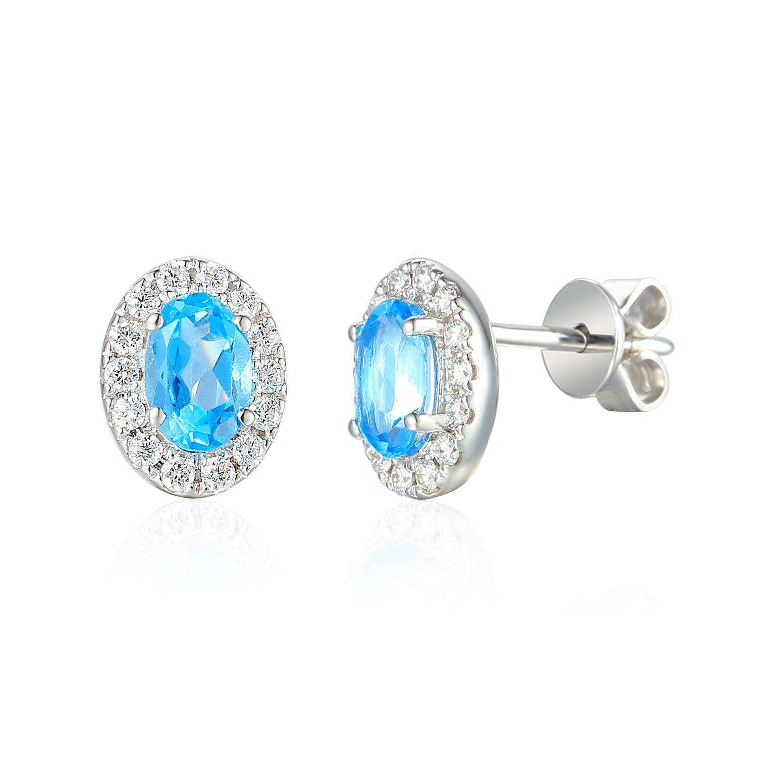 Oval 6X4mm Gemstone and Diamond Cluster Stud Earrings