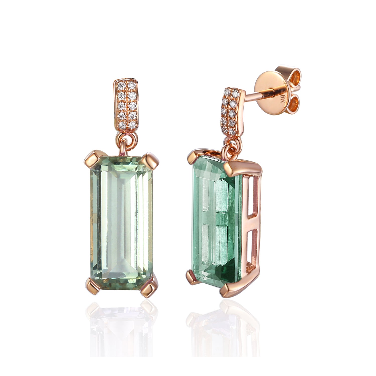 Long octagon Gemstone Earrings with Pave Diamond Drop
