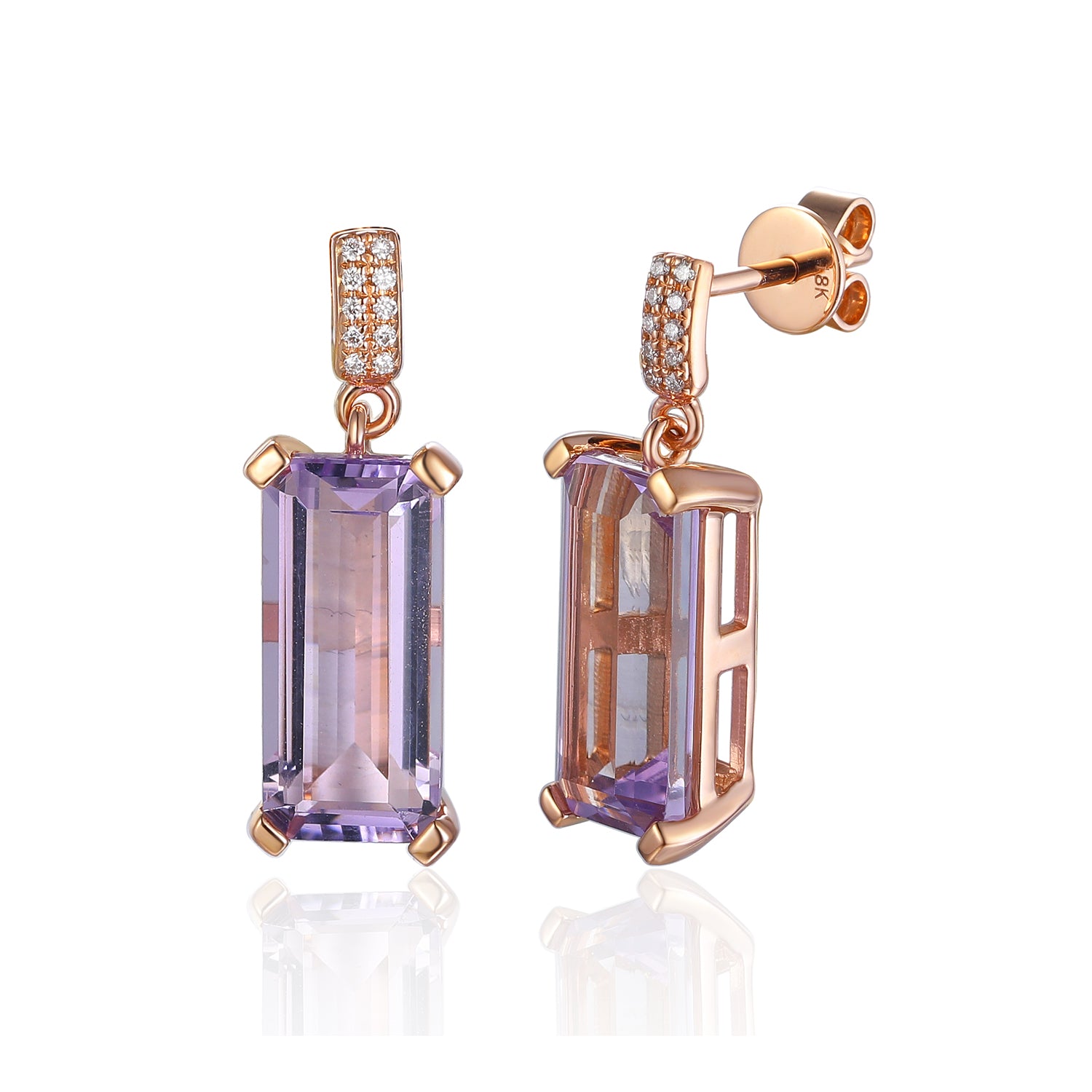 Long octagon Gemstone Earrings with Pave Diamond Drop