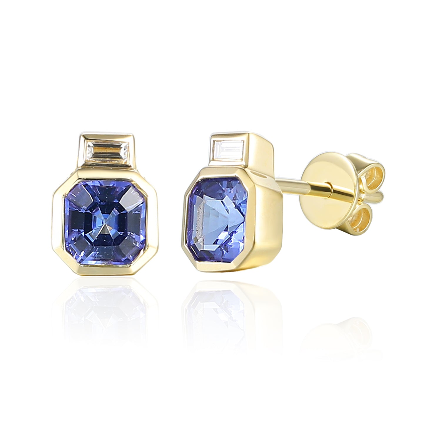 Step Cut Octagon Gemstone Earring With Rubover Diamond Top