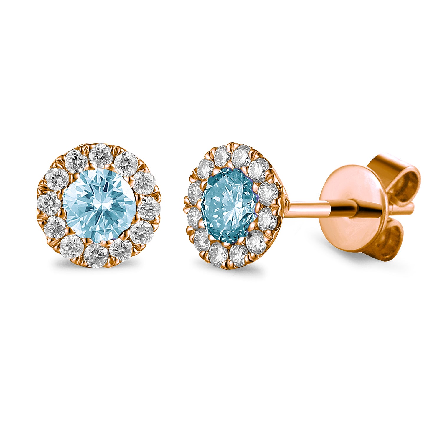March Birthstone Round Aqua and Diamond Cluster Gold Studs