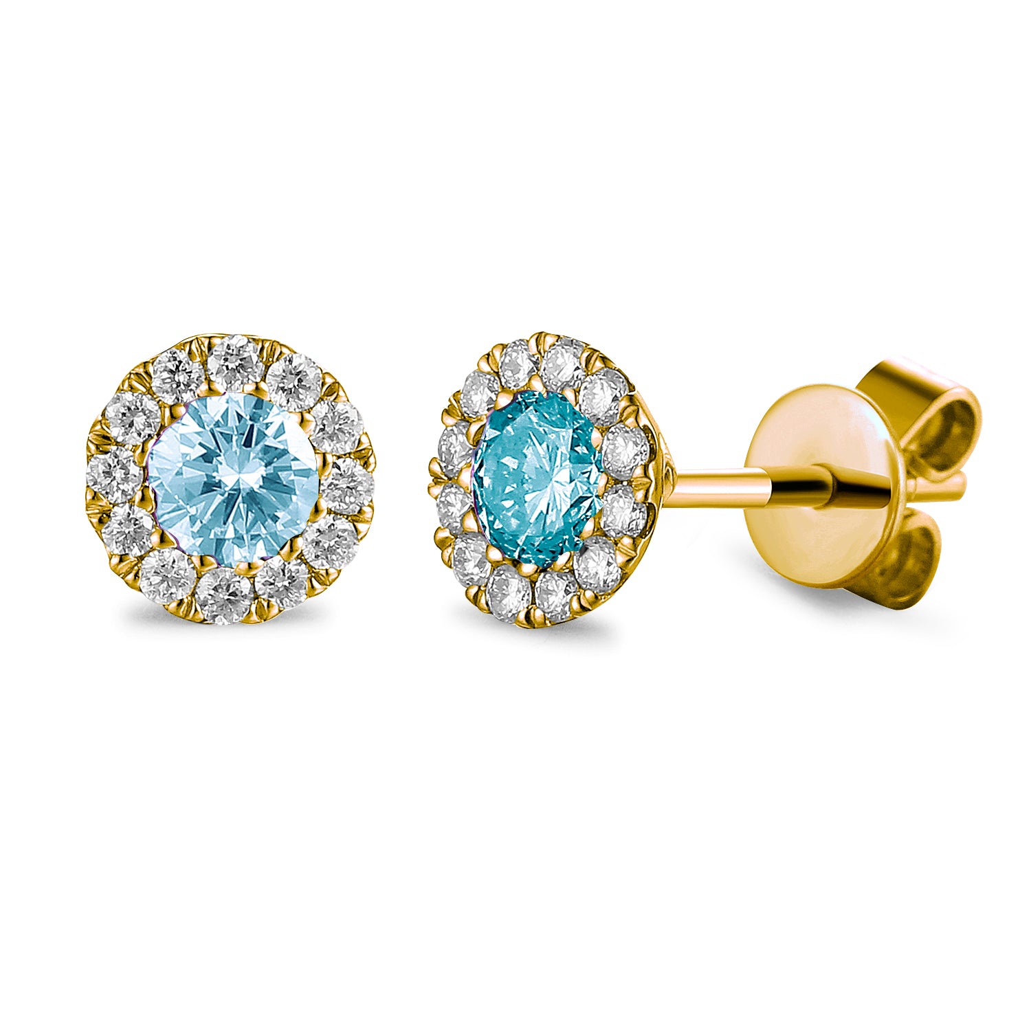 March Birthstone Round Aqua and Diamond Cluster Gold Studs