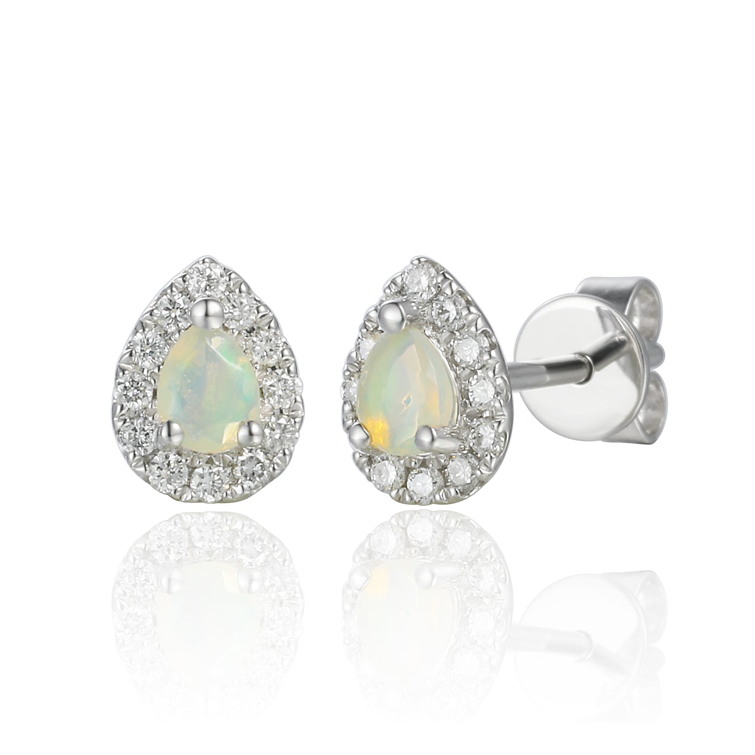 October Birthstone Pear Shape Opal and Diamond Gold Cluster Earrings