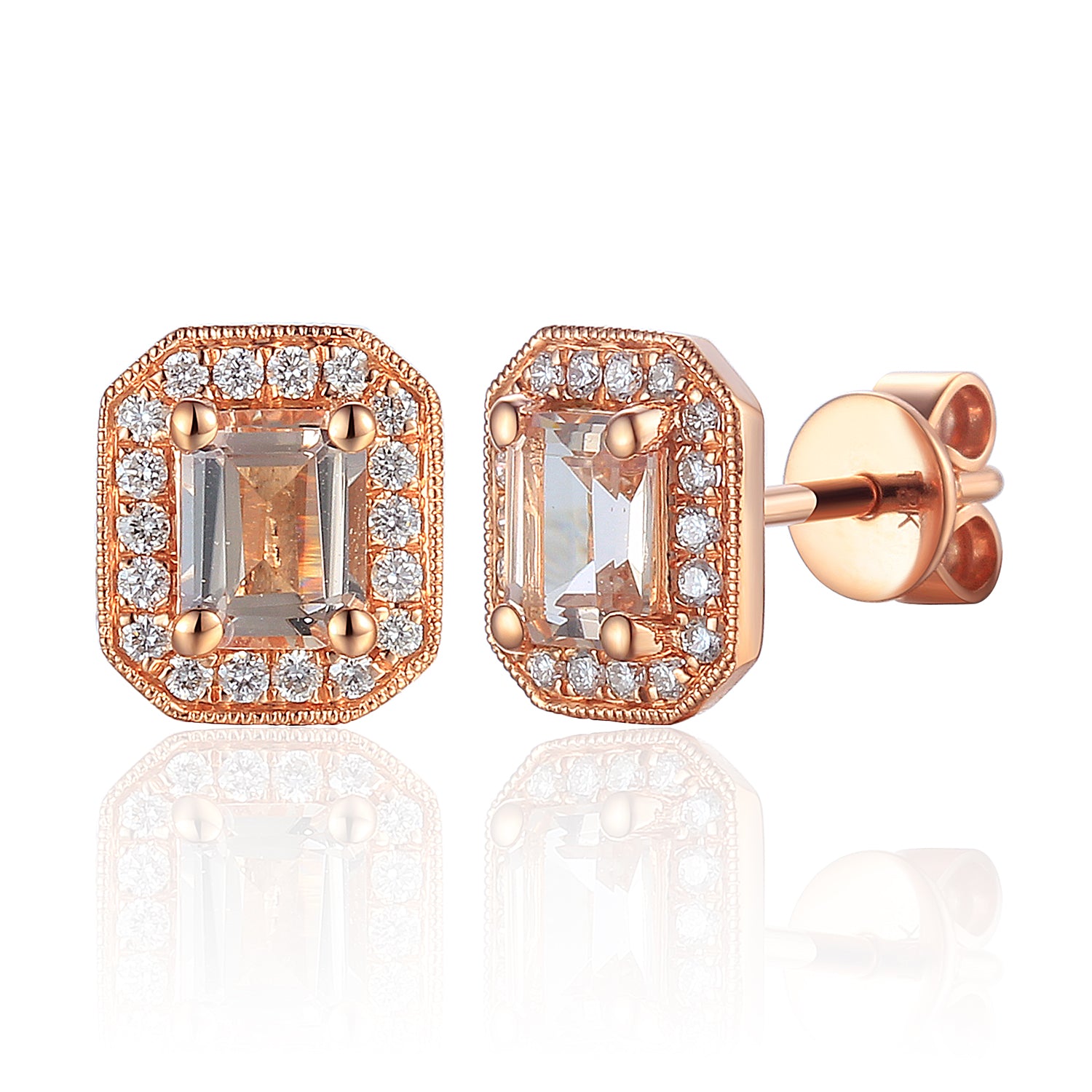 Gold Octagon Gemstone and Diamond Milgrain Earrings