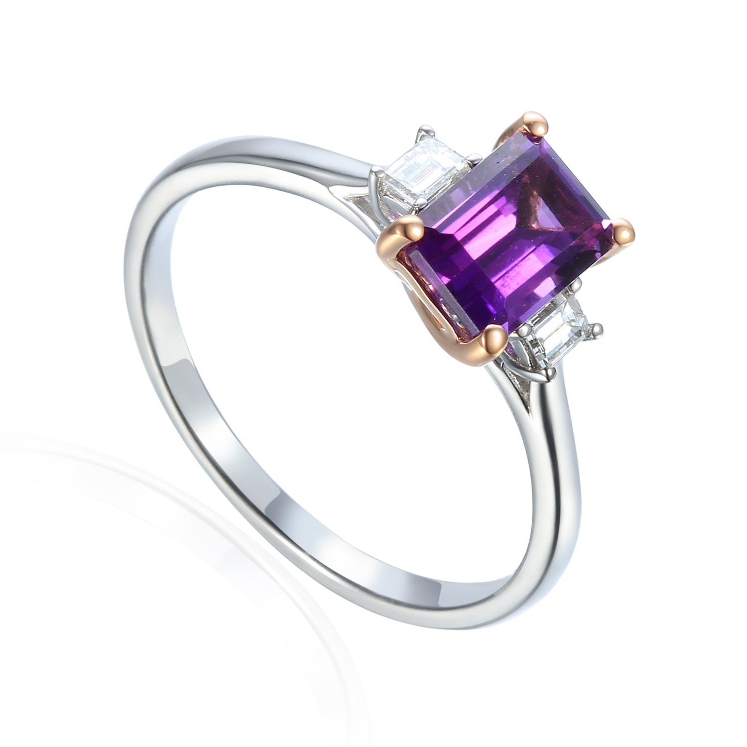 Octagon Gemstone 7X5mm and Baguette Diamond Three Stone Ring