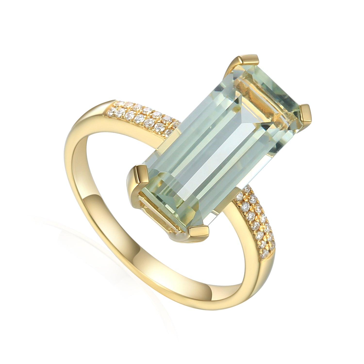 Long octagon Gemstone Ring with Pave Diamond Shoulders