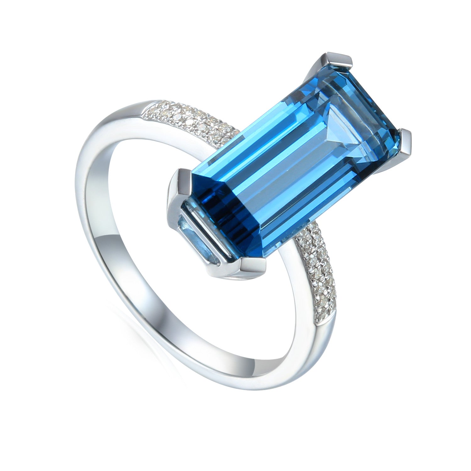 Long Octagon Gemstone Ring with Pave Diamond Shoulders