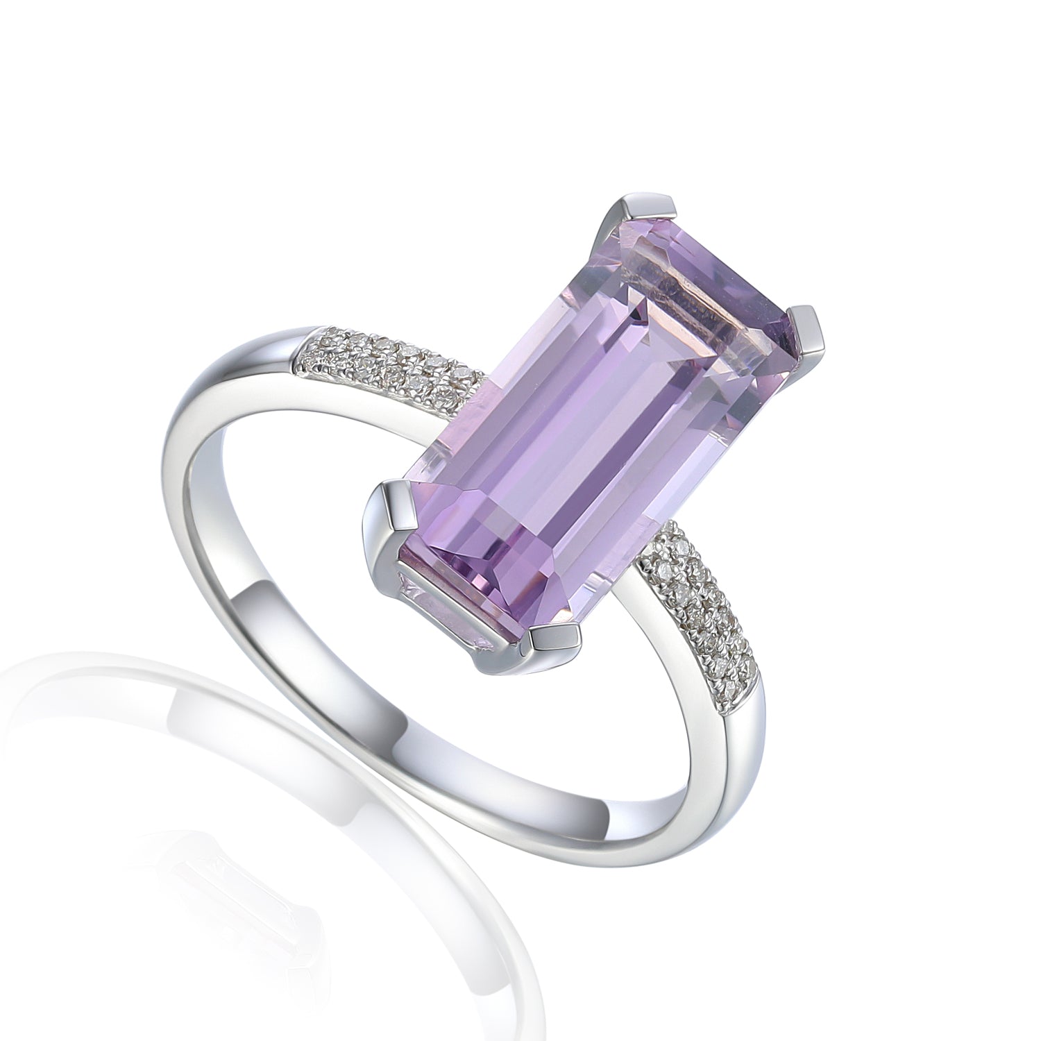 Long Octagon Gemstone Ring with Pave Diamond Shoulders