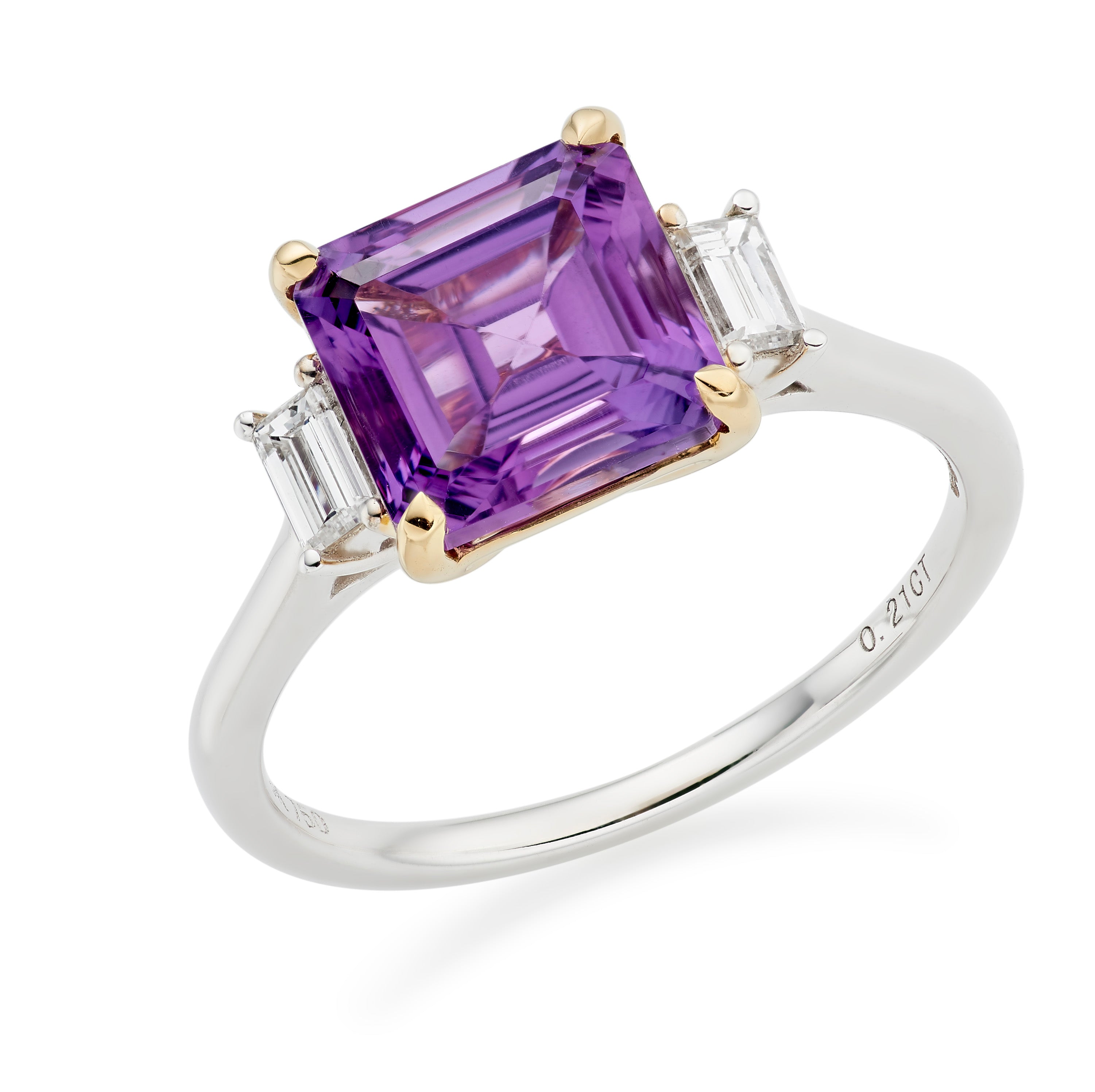 Large Square Gemstone & Baguette Diamond Three Stone Ring
