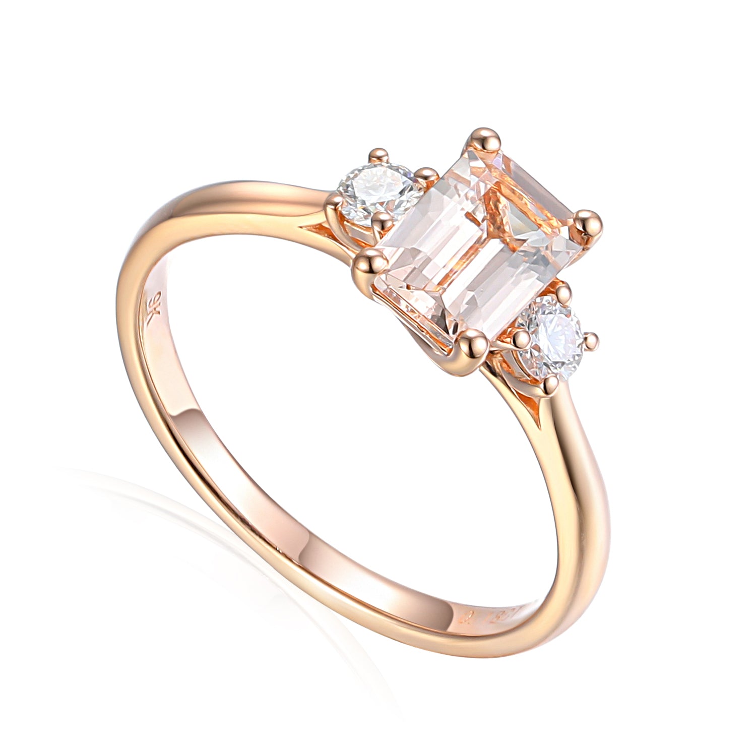Octagon Gemstone Three Stone Ring with Round Diamond Shoulders