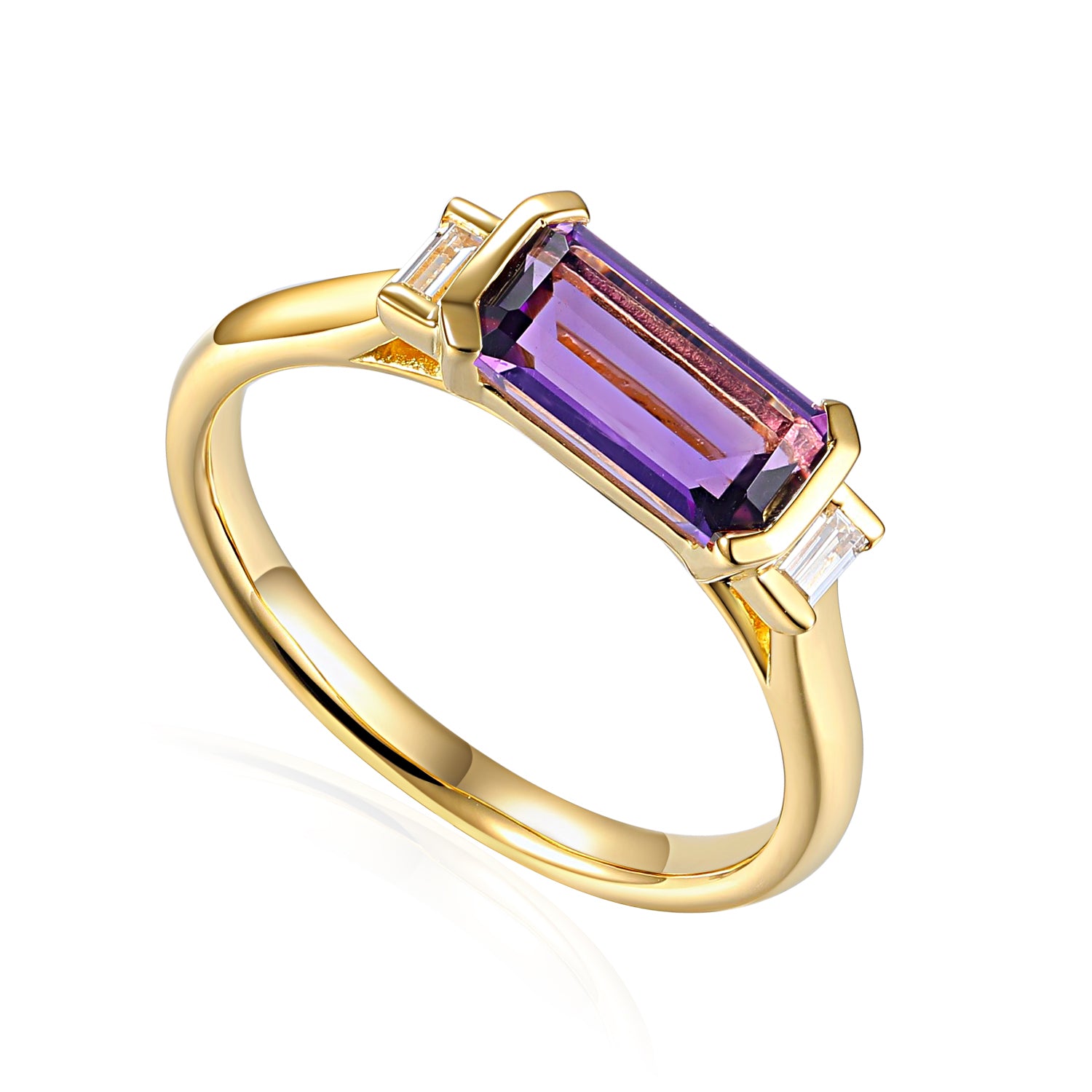 Long Octagon Gemstone Ring With Rubover Baguette Diamonds