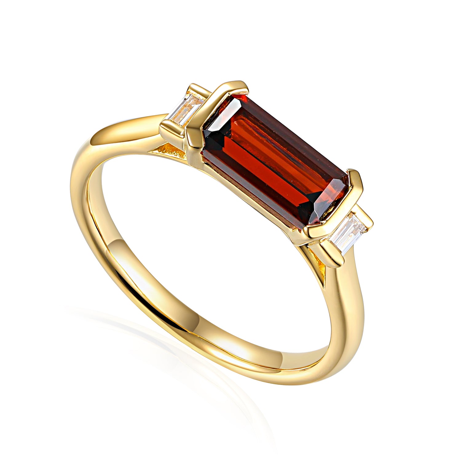Long Octagon Gemstone Ring With Rubover Baguette Diamonds