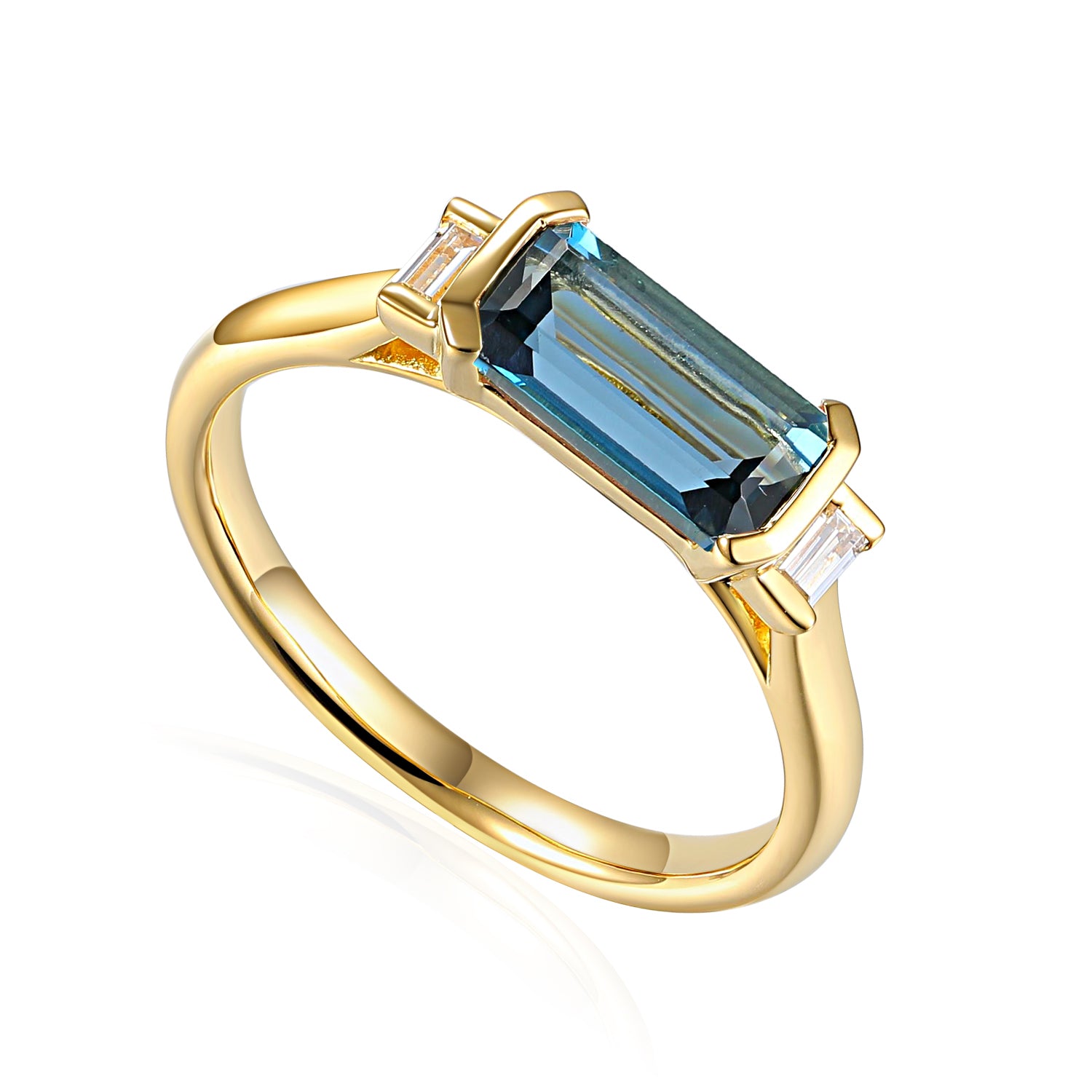 Long Octagon Gemstone Ring With Rubover Baguette Diamonds