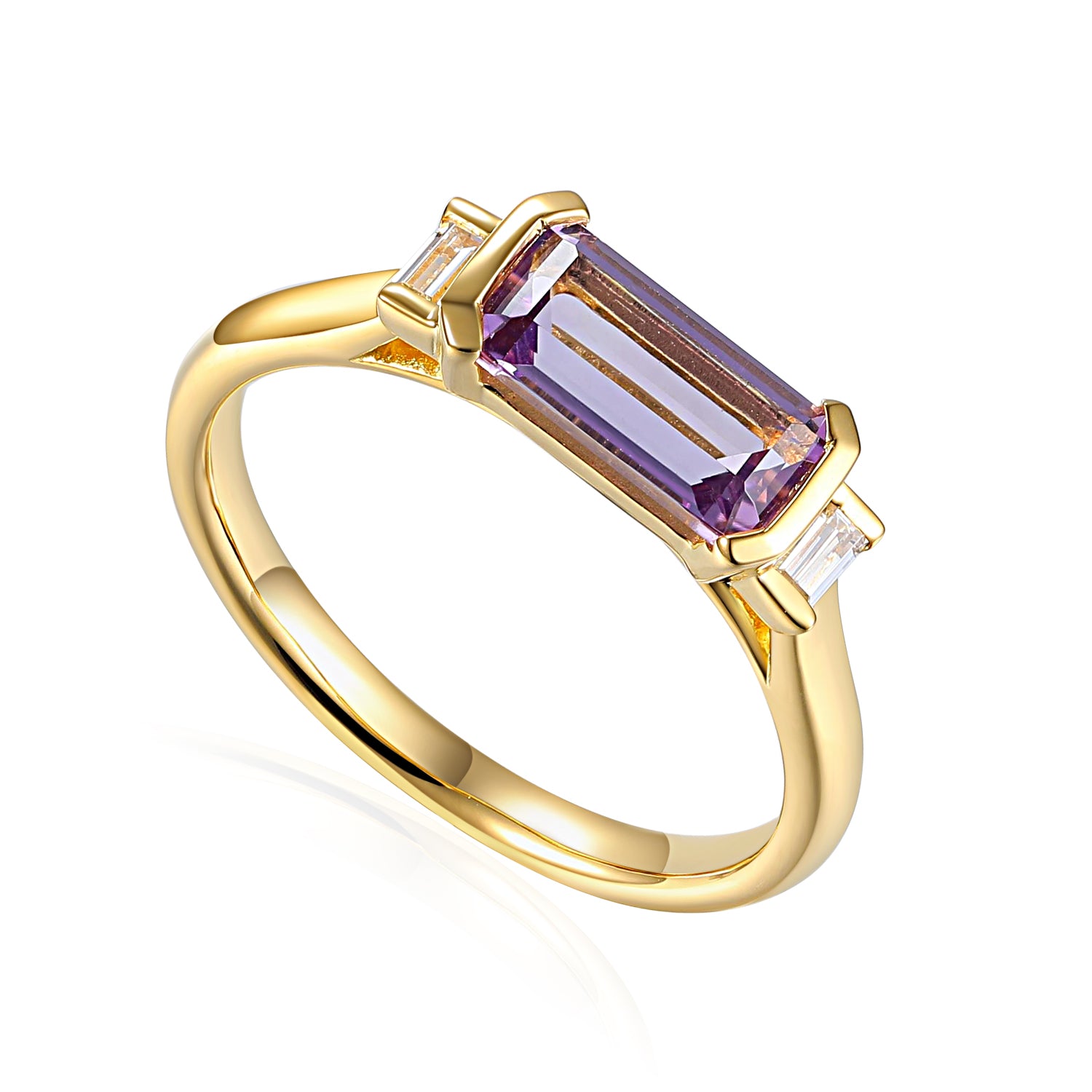 Long Octagon Gemstone Ring With Rubover Baguette Diamonds