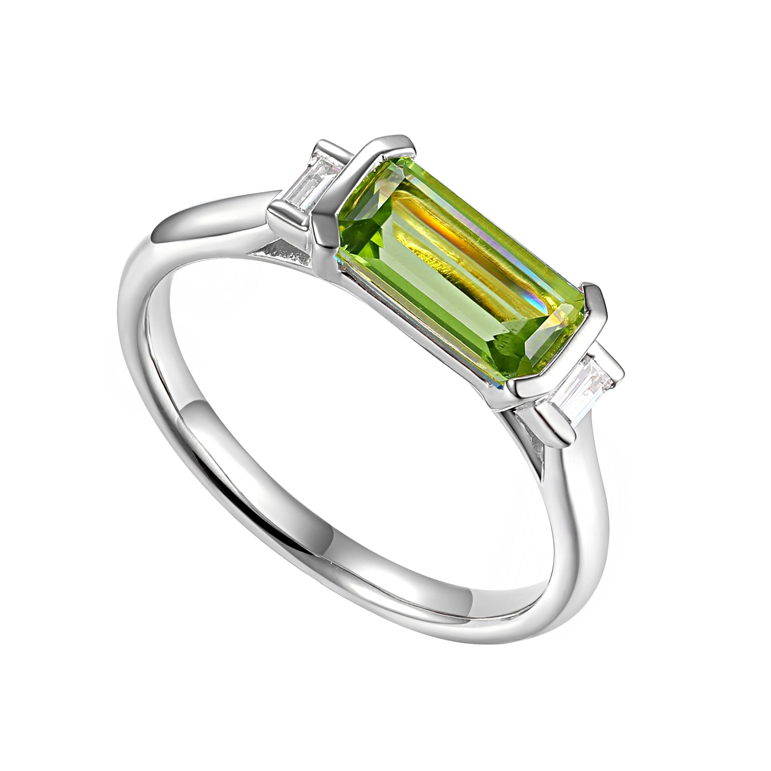 Long Octagon Gemstone Ring With Rubover Baguette Diamonds