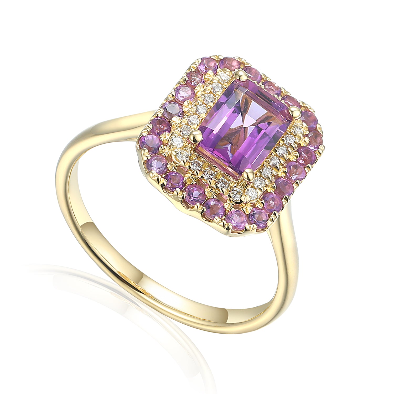 Octagon Gemstone Ring With Double Cluster Halo
