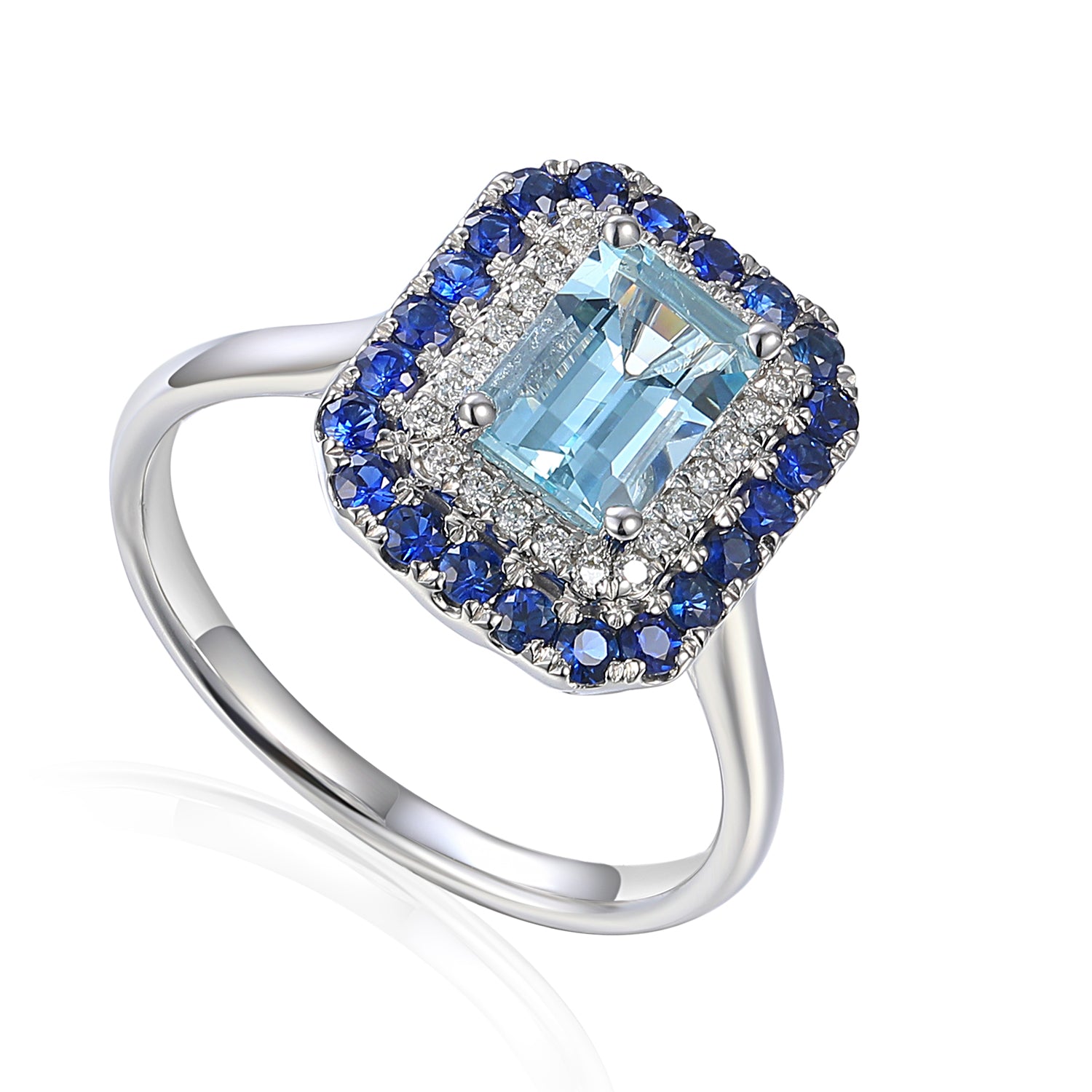 Octagon Gemstone Ring With Double Cluster Halo