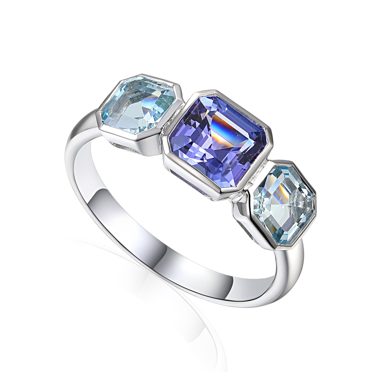 Rubover Three Stone Step Cut Octagon Gemstone Ring