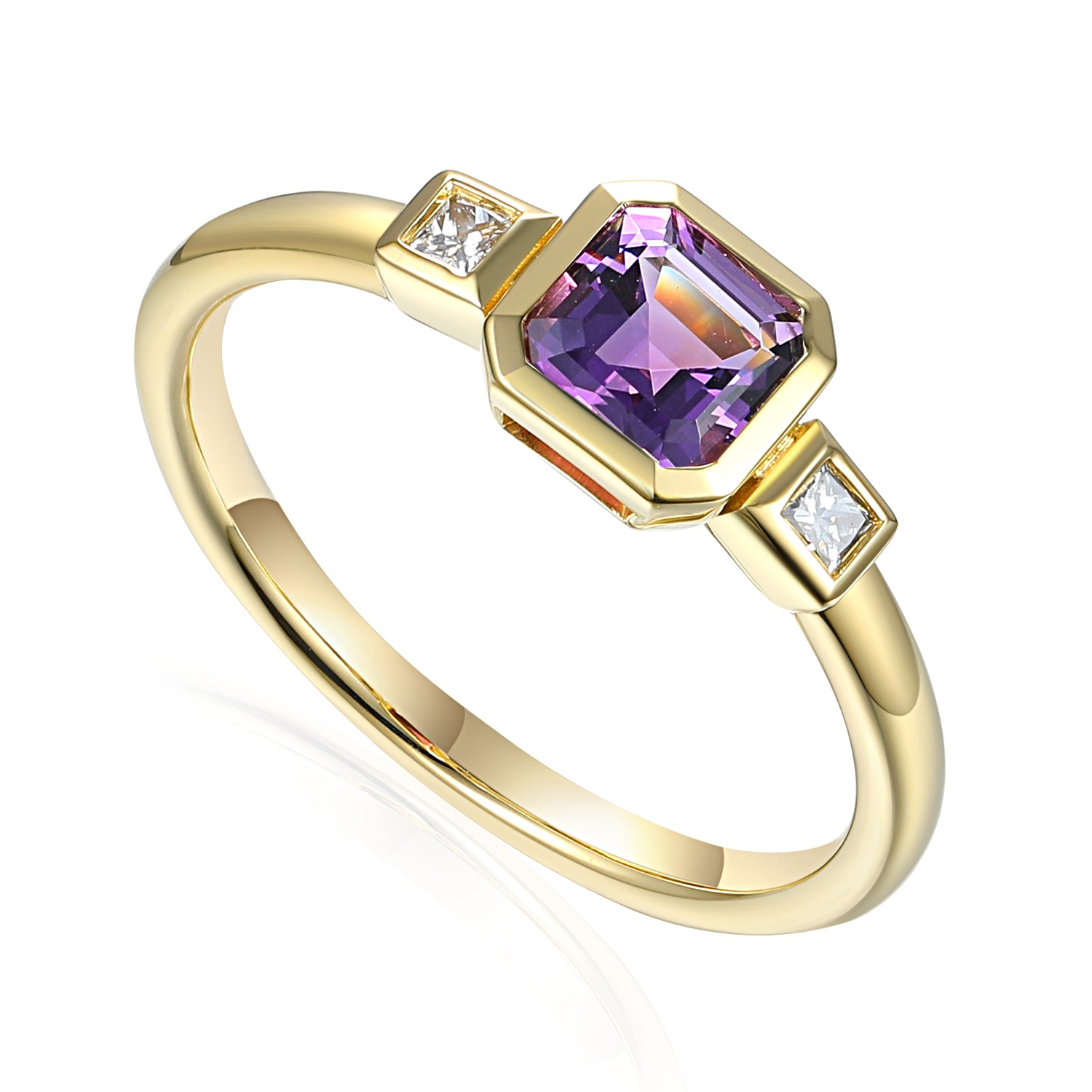Step Cut Octagon Gemstone Ring With Rub over Princess Cut Diamonds