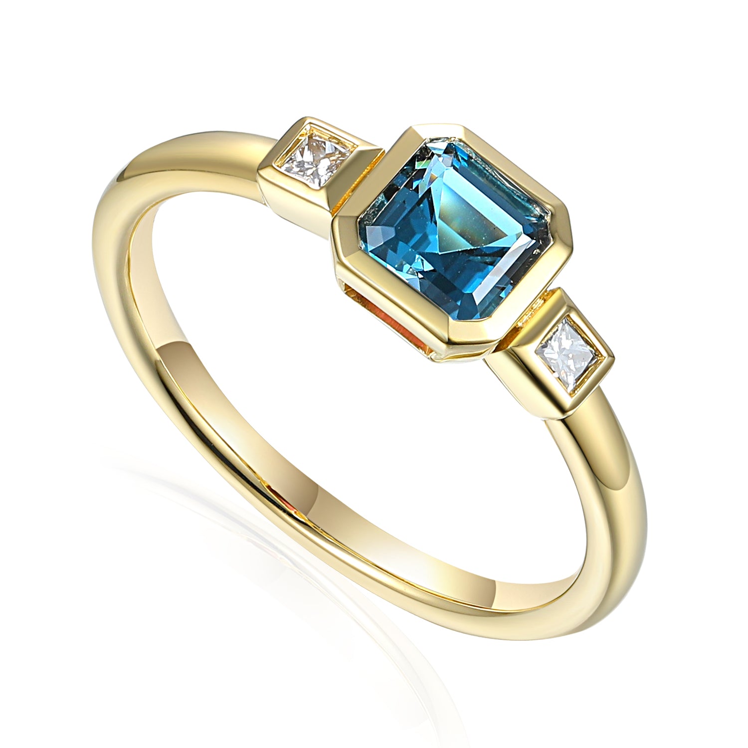 Step Cut Octagon Gemstone Ring With Rub over Princess Cut Diamonds
