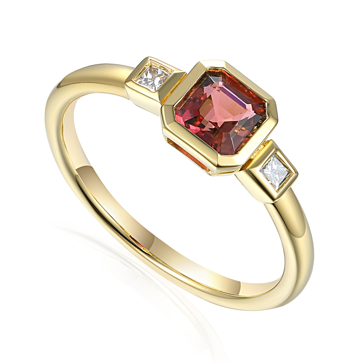 Step Cut Octagon Gemstone Ring With Rub over Princess Cut Diamonds