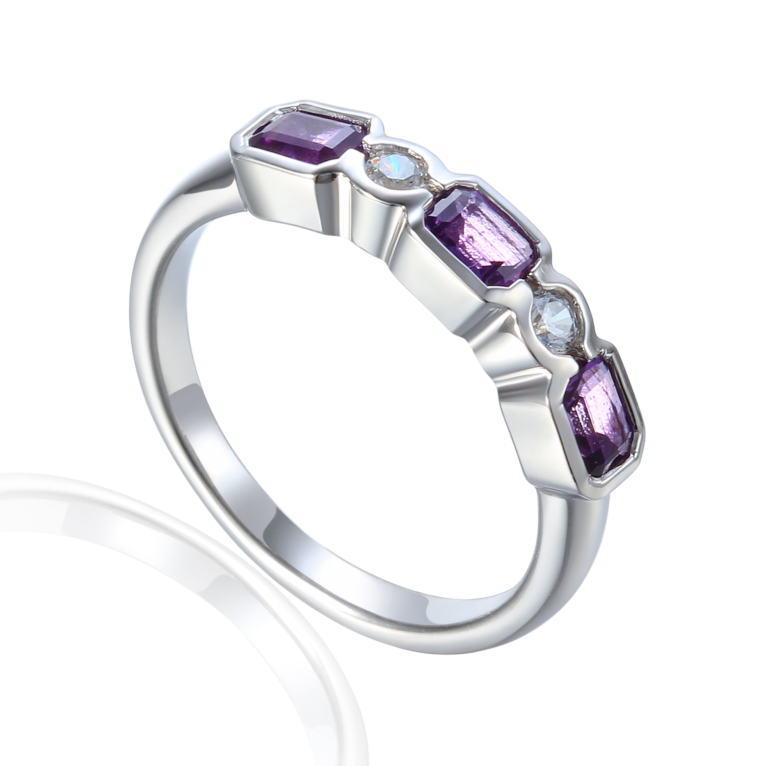 Octagon Gemstone and Diamond Half Eternity Rubover Ring