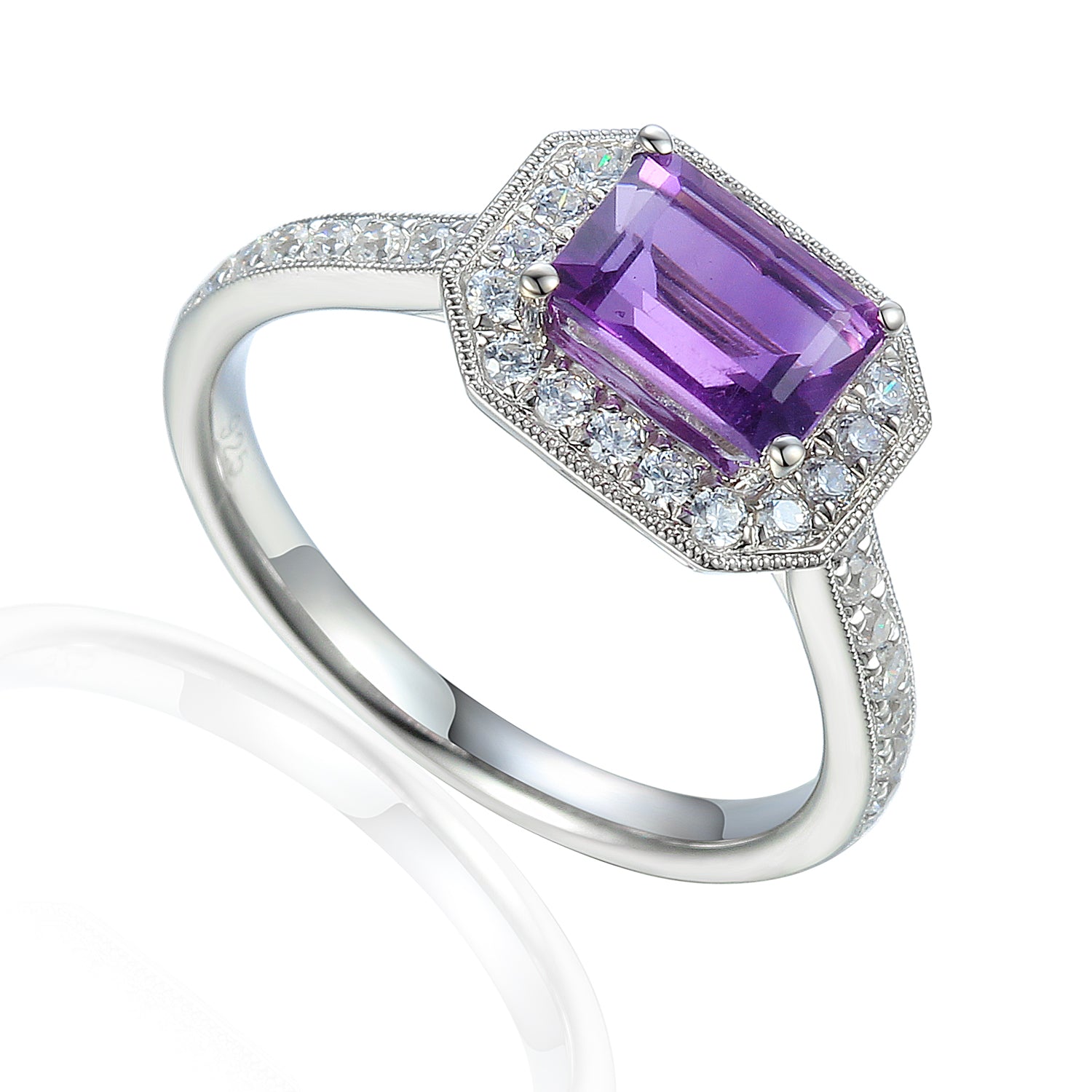 Octagon Gemstone and Diamond Milgrain Ring