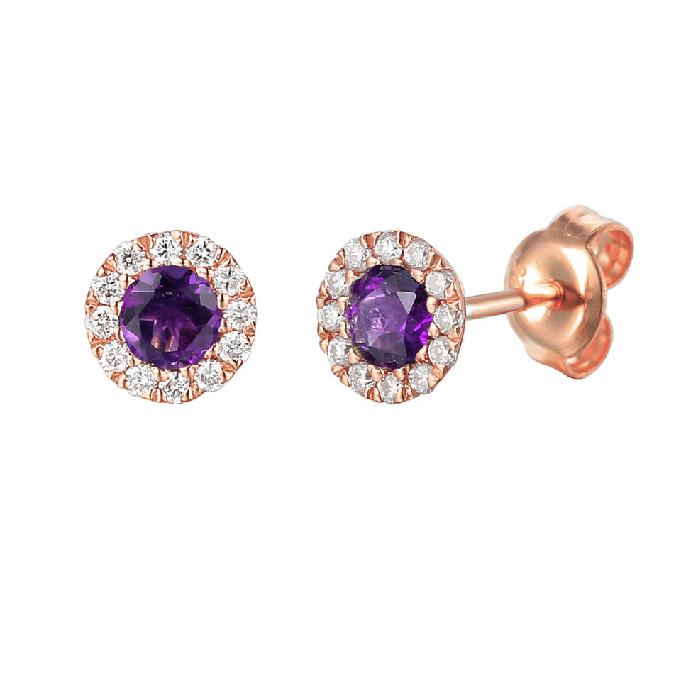 February Birthstone Round Amethyst and Diamond Cluster Studs