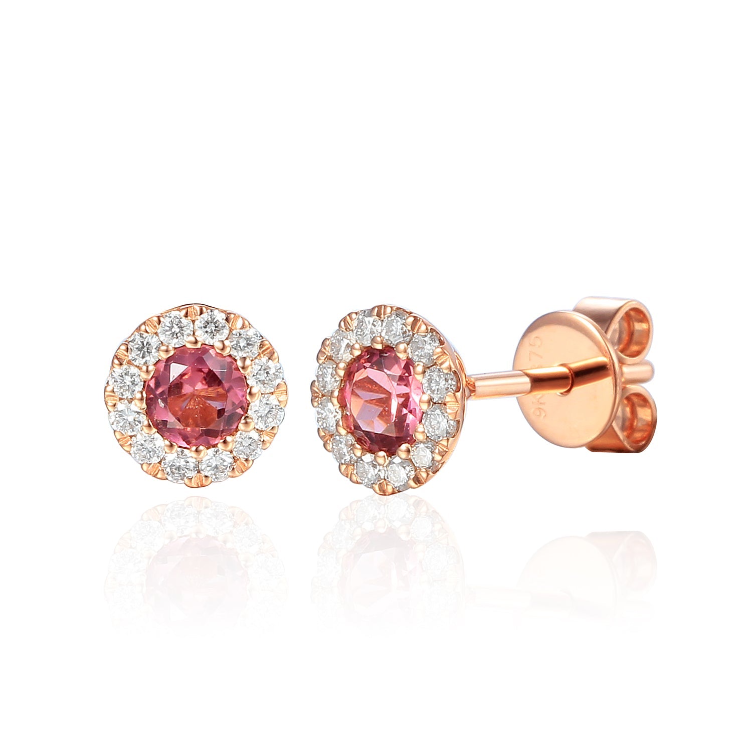 October Birthstone Round Pink Tourmaline and Diamond Cluster Rose Gold studs