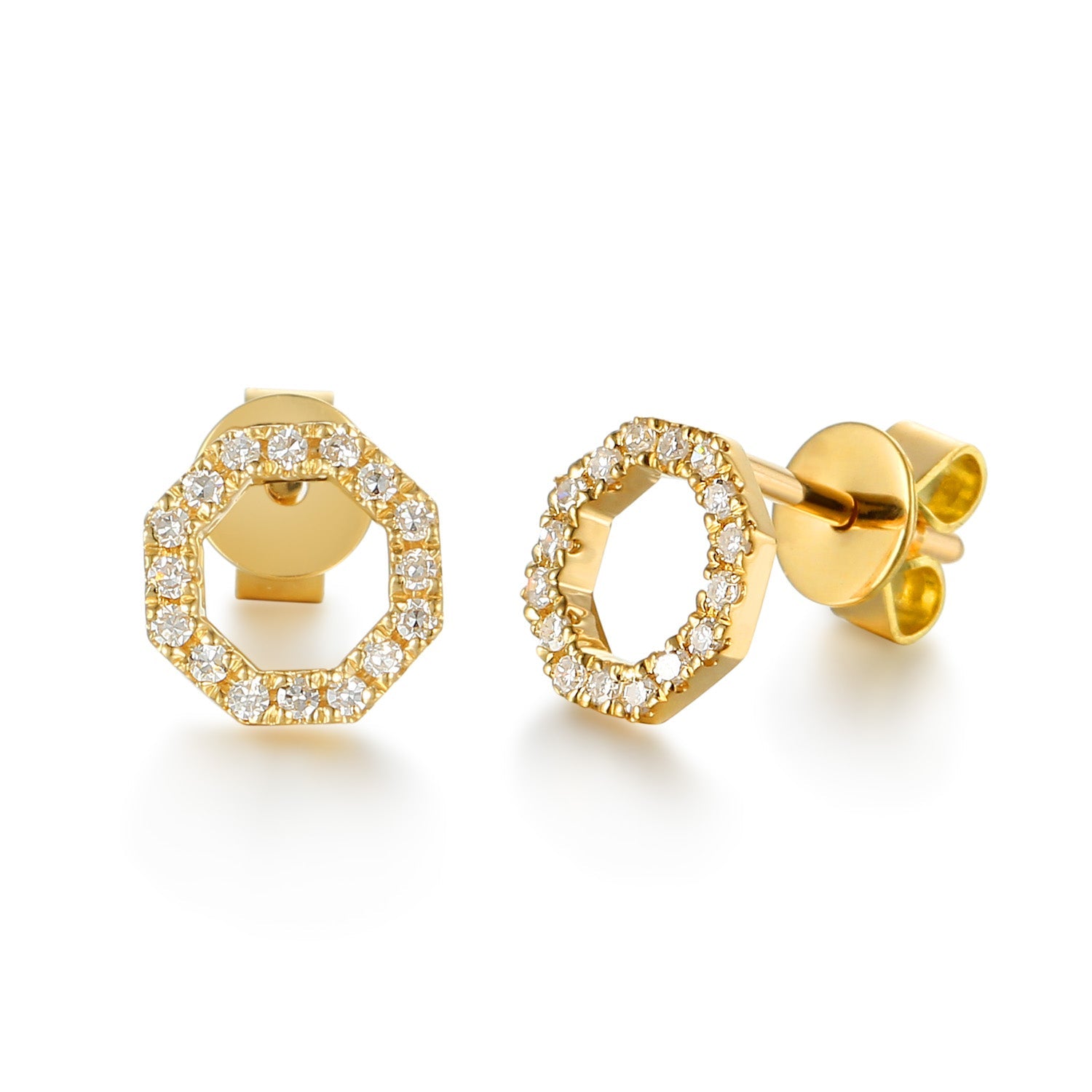 Open Octagon Pave Diamond Stud Geometric Earrings